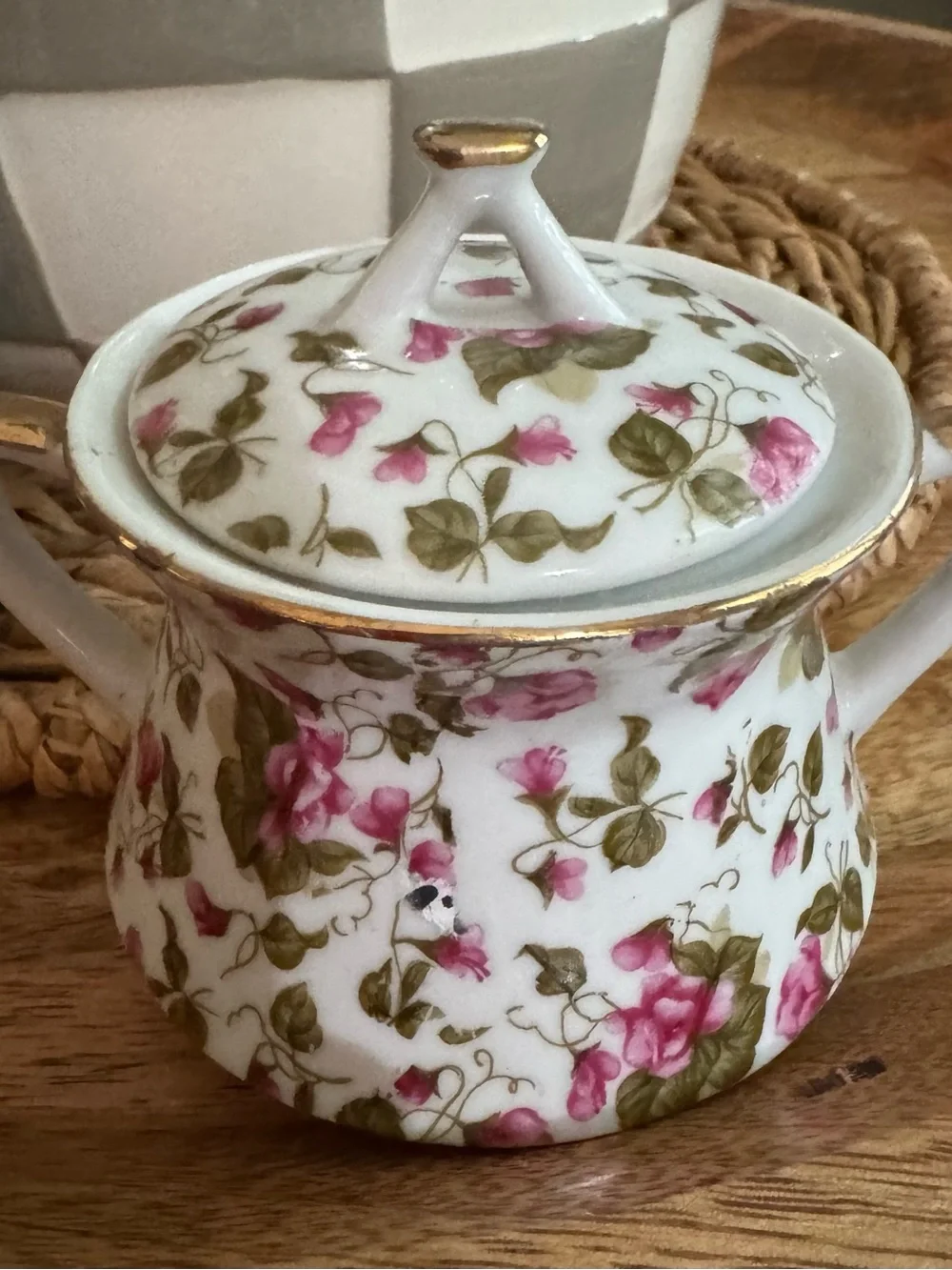 Lefton Rose Chintz Porcelain Sugar Bowl & Creamer Set with Gold Trim